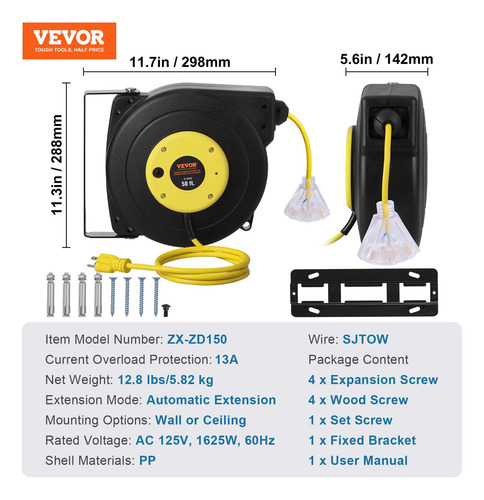 Carrete Retráctil De Cable De Extensión Vevor, 50 Pies, 14 A