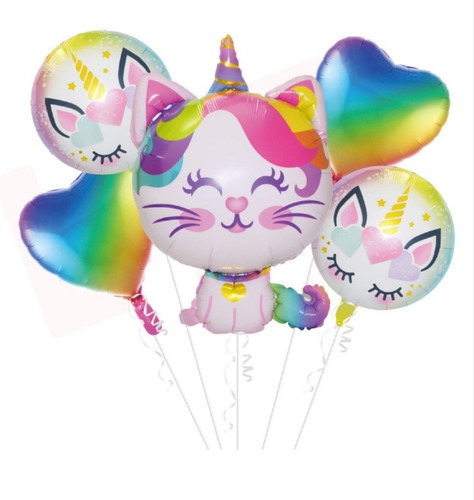 Globos Decoracion Gatita + Corazones 5 Pzs