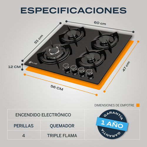 Combo Parrilla De Gas 4 Quemadores Y Campana 60cm Os4br60 Color Negro