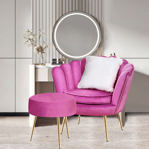 Silla Moderna Tapizada En Terciopelo Con Reposapies Rosa 