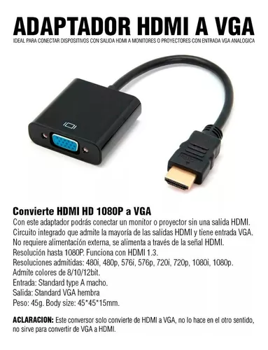 Cable Adaptador Hdmi A Vga Conversor Notebook Pc A Proyector