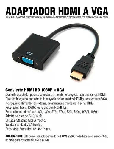 HDMI a VGA 1080P HDMI macho a VGA hembra Adaptador de vídeo por cable para  PC portátil Proyectores HDTV y otros dispositivos de entrada HDMI