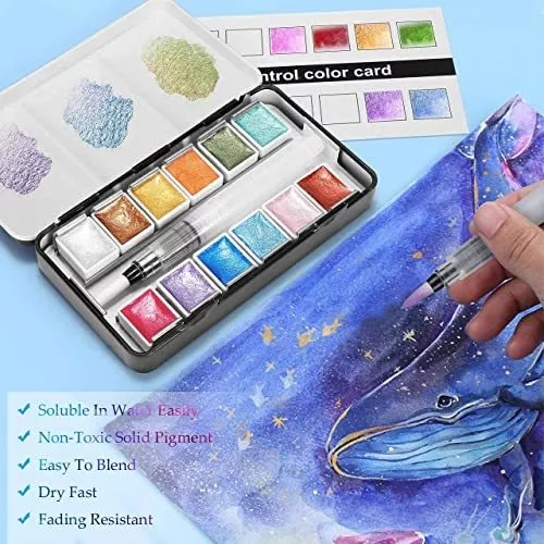 Metallic Watercolor Paints Set, Emooqi Metallic Glitter