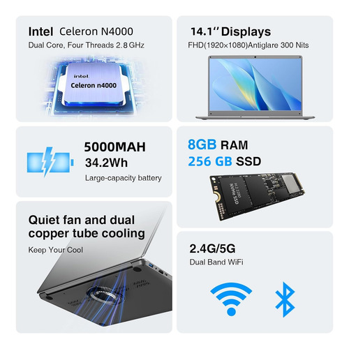 Baratos Y Buenos Notebook 14.1 Ram 8+256gb Win Celeron N4000 Negro