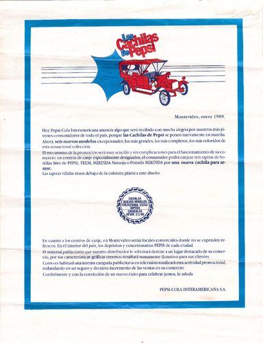 Papel Las Cachilas De Pepsi 6 Nuevos Modelos Montevideo 1989