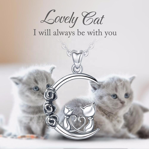 Imagen 4 de 7 de Regalo Mujer Collar Gatitos Luna Plata Fina 925 Joyas