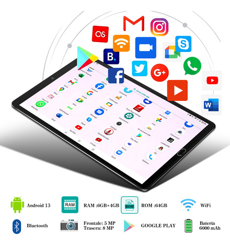 Tableta 10gb+64gb Android 13 Con Funda Mouse Teclado