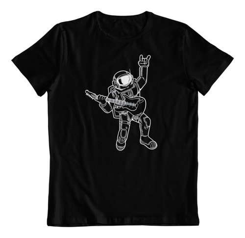 Polera Negra Dtf Algodon Astronauta Rockero Luna Galaxia  