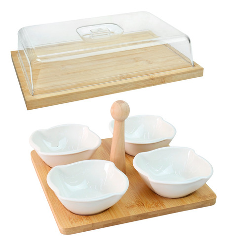 Kit Petisqueira 5 Peças E Bandeja Com Tampa De Acrílico