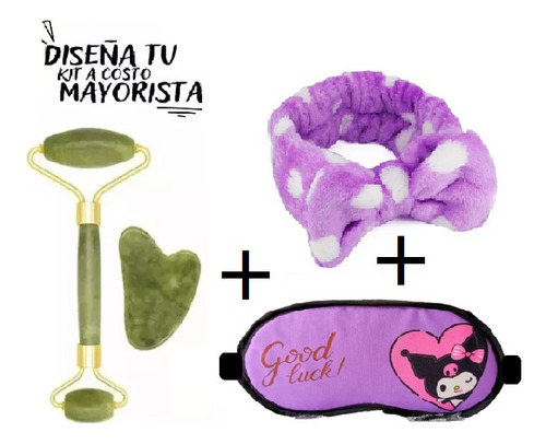 Set Rodillo Facial Cuarzo Jade Y Piedra Gua Sha Antifaz