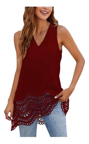Camisetas Sin Mangas De Encaje Liso Casual Con Cuello En V D