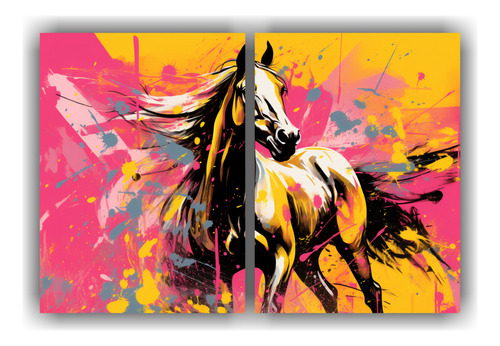 80x50cm Cuadro Caballo Árabe En Amarillo Y Rosa Flores