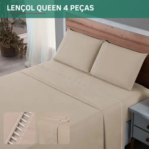 Jogo De Cama Queen Padrão Percal 400 Fios 4 Peças Fronha Ponto Palito Super Macio Resistente Hotel Luxo Cor Caqui Premium