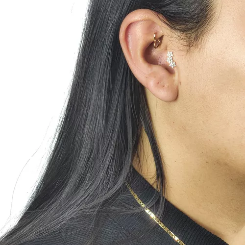 Piercing De Orelha Ou Tragus De Ouro 18k Bolinha e Zircônia