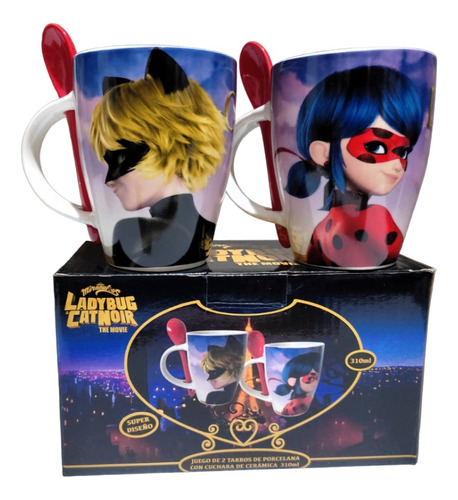 Dúo Tazas Disney De Lady Bug Y Cat Noa Con Cuchara Color Negro película