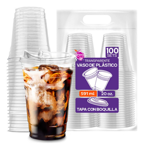 100 Vasos Desechable De Plástico Con Tapa Tipo Boquilla 20oz