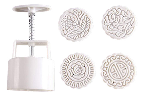 Zicome Round Moon Cake Molde Con 4 Sellos, Flores De Diseño,