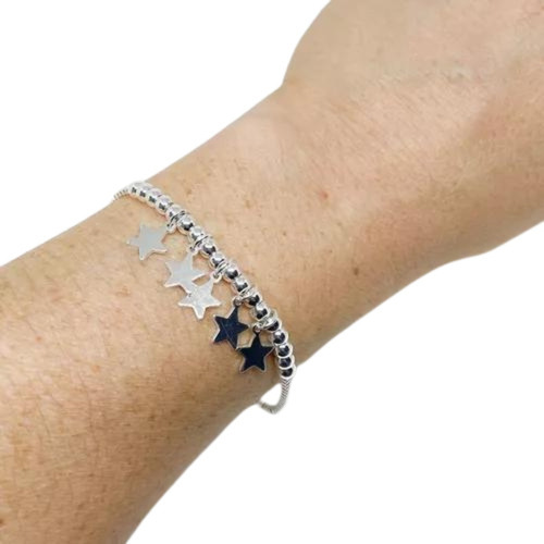 Pulsera De Acero Blanco Con Estrellas Colgantes Y Bolitas 