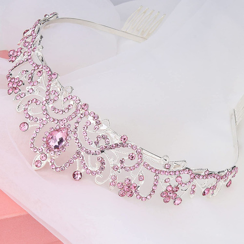 Tiara Corona De Novia Quinceañera Cristales Rosas Plateada