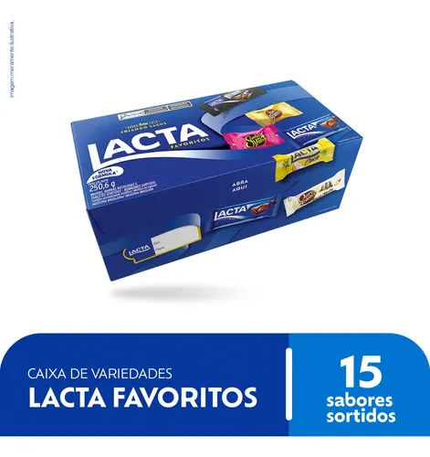 Caixa azul de chocolates Lacta Favoritos 250,6g, vista de cima e lateral, com a embalagem dos bombons visíveis através de uma abertura retangular no topo e a indicação '15 sabores sortidos' no canto inferior direito.