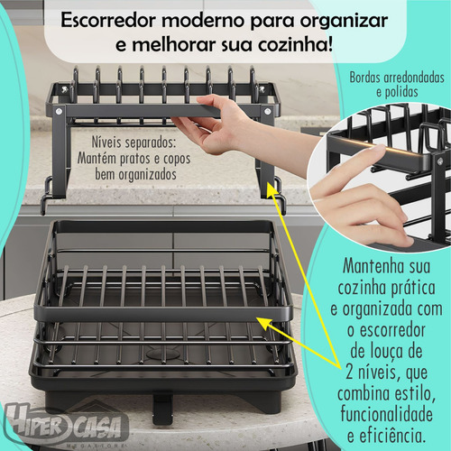 Escorredor De Louça Premium Inoxidável 2 Níveis Com 360° Automática Drenagem 2 Andares Para Pratos Copos Pina De Cozinha Balcão Hiper Casa Megastore Preto