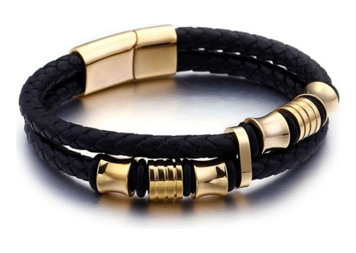 Pulsera Doble Piel Cuero Trenzado Dijes Dorados Para Hombre