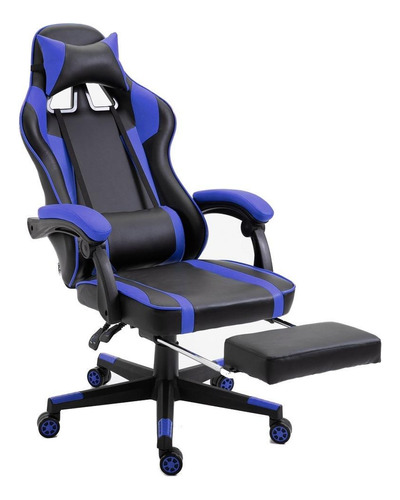  Shopeame Silla gamer ergonomica reclinable con descansa pies ergonómica  negra y azul con tapizado de cuero sintético