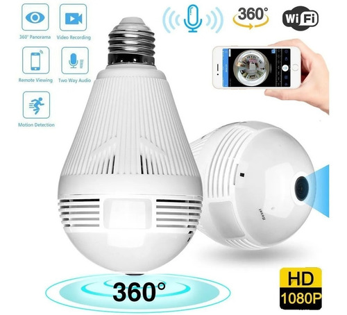Imagen 1 de 8 de Foco Lámpara Led Cámara Espía 360° Wifi Sonido Sensor Alarma