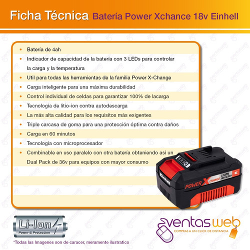 Imagen 4 de 5 de Bateria Sola Familia 18v Einhell Power X-change 4 Amp