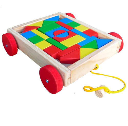 Imagen 6 de 10 de Juego Carro Madera 28 Bloques Construcción Tira Con Arrastre