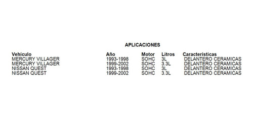 Balatas Delantero Villager 1993-1998 3.0l Mercury