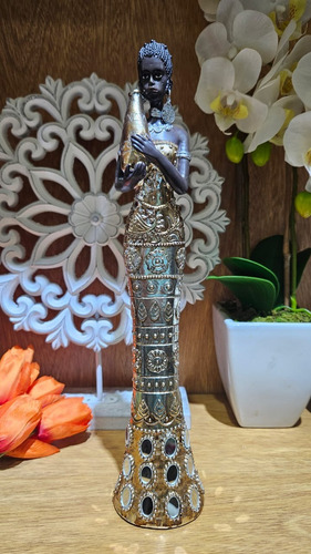 Escultura Mujer Africana Esbelta 33cm Elemento Etnico Deco Dorado