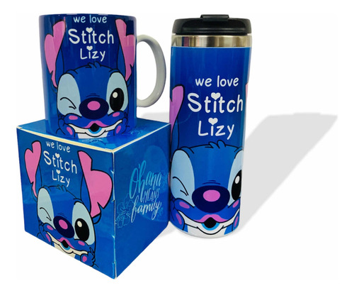 Termo + Taza De Stitch Azul Personalizado