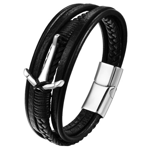 Pulsera De Cuero Ancla Silver Space Hombre Moda Masculina M1