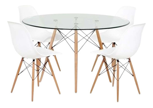 Juego De Comedor Mesa Redonda Vidrio 120 + 4 Sillas Eames Dsw