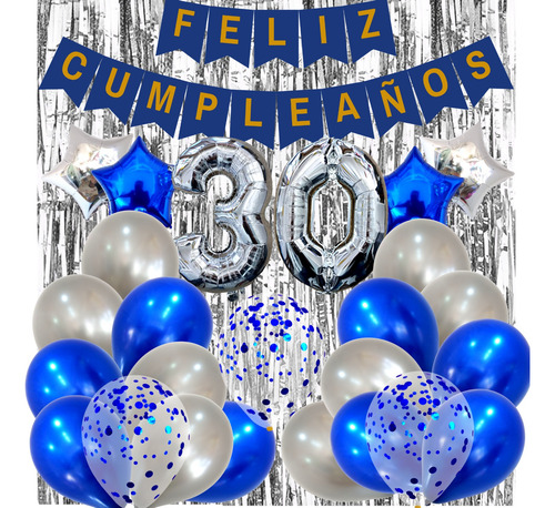 Combo Kit Globos Banderín Cortina 30 Artículos Azul Y Plata Deco Fiesta