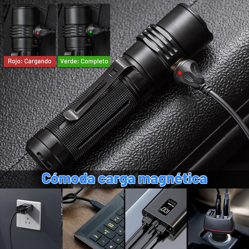 Lacasi Mc3 linterna LED recargable con base magnética,linternas potentes 2500 Lúmenes con 5 modes,Alcance máximo de 360m,IP68 Impermeable,Lámpara Táctica para camping,senderismo y emergencias