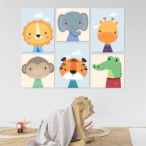Kit 6 Quadros Decorativas Mdf P/ Quarto Infantil Safari