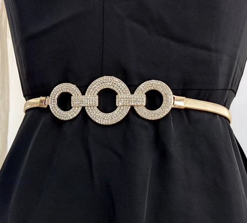 1 Cinto Mujer Dorado Elástico Con Diamantes Imitación