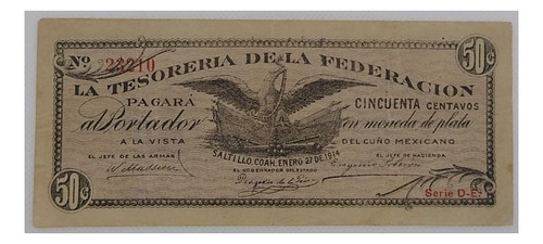 Billete 50 Centavos Tesorería De La Federación Coahuila 1914