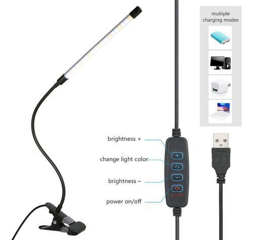 Clip-on Desk Lamp Dimmable Reading Light 3 Lighting Modes