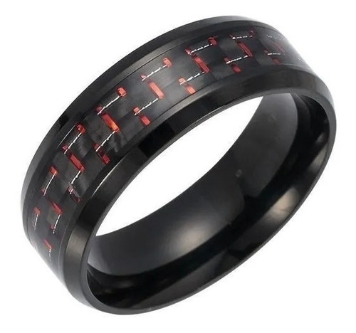 Anillo Argolla Fibra Carbon Rojo Acero Inoxidable Hombre