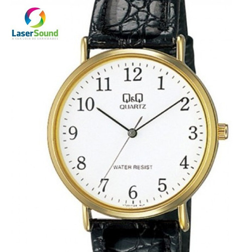 Reloj Q&q By Japan V720j104y para mujer con correa, color negro, bisel, color dorado, fondo blanco