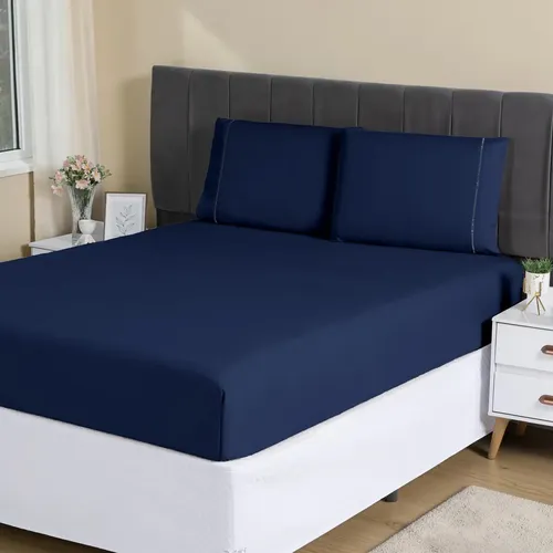 Jogo Lençol Casal ​3pç 400 Fios Hipercal Conforto Macio Cor Azul-marinho Desenho do tecido Liso