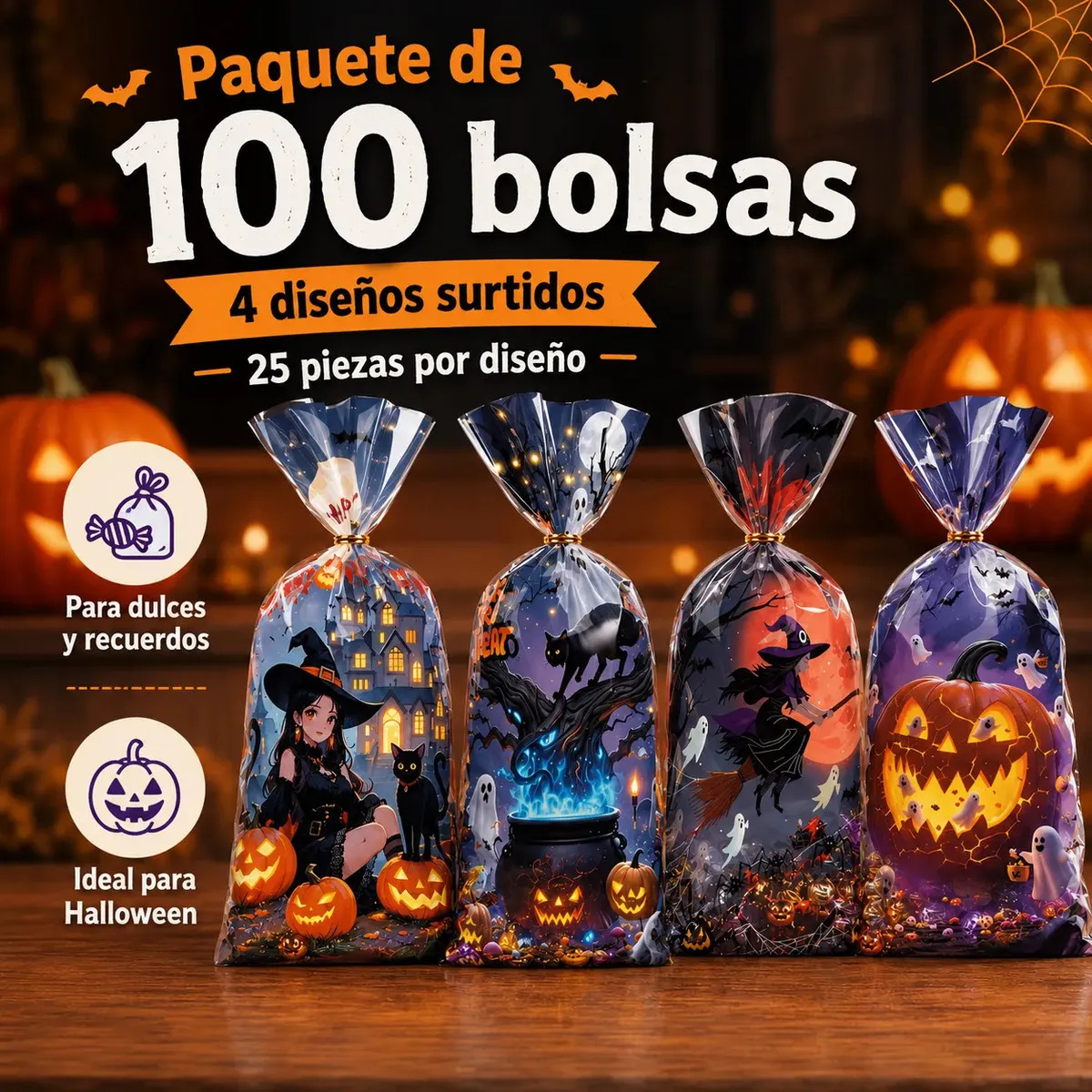 Bolsas para Dulces de Halloween MKRPG, Pack de 100 con 4 Diseños (Brujas, Calabazas, Fantasmas y Gatos)