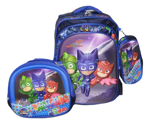 Mochila 3d Con Luz Heroes En Pijama En Combo Lapicera + Lonchera