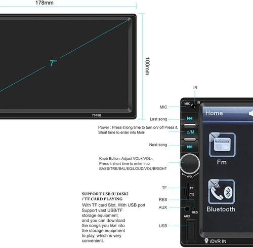 Imagen 8 de 10 de Auto Estéreo 7018b 2 Din Pantalla Táctil Mp5 Hd 1080p