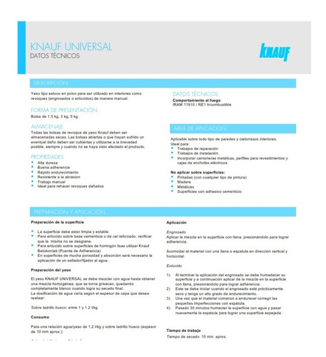 Imagen 2 de 7 de Fix+finish Universal Knauf 1,5kg Yeso Tipo Estuco Multiuso