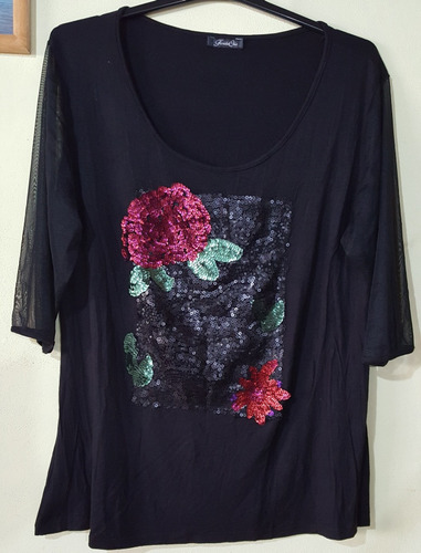 Blusa Remera Fiesta Modal Gasa Bordada Con Lentejuelas Unica