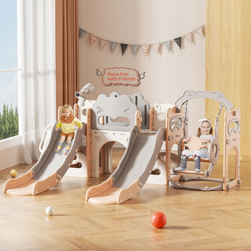 Juego Tobogán Columpio Niños 8 En 1 Aire Libre Doble Rosa Gery